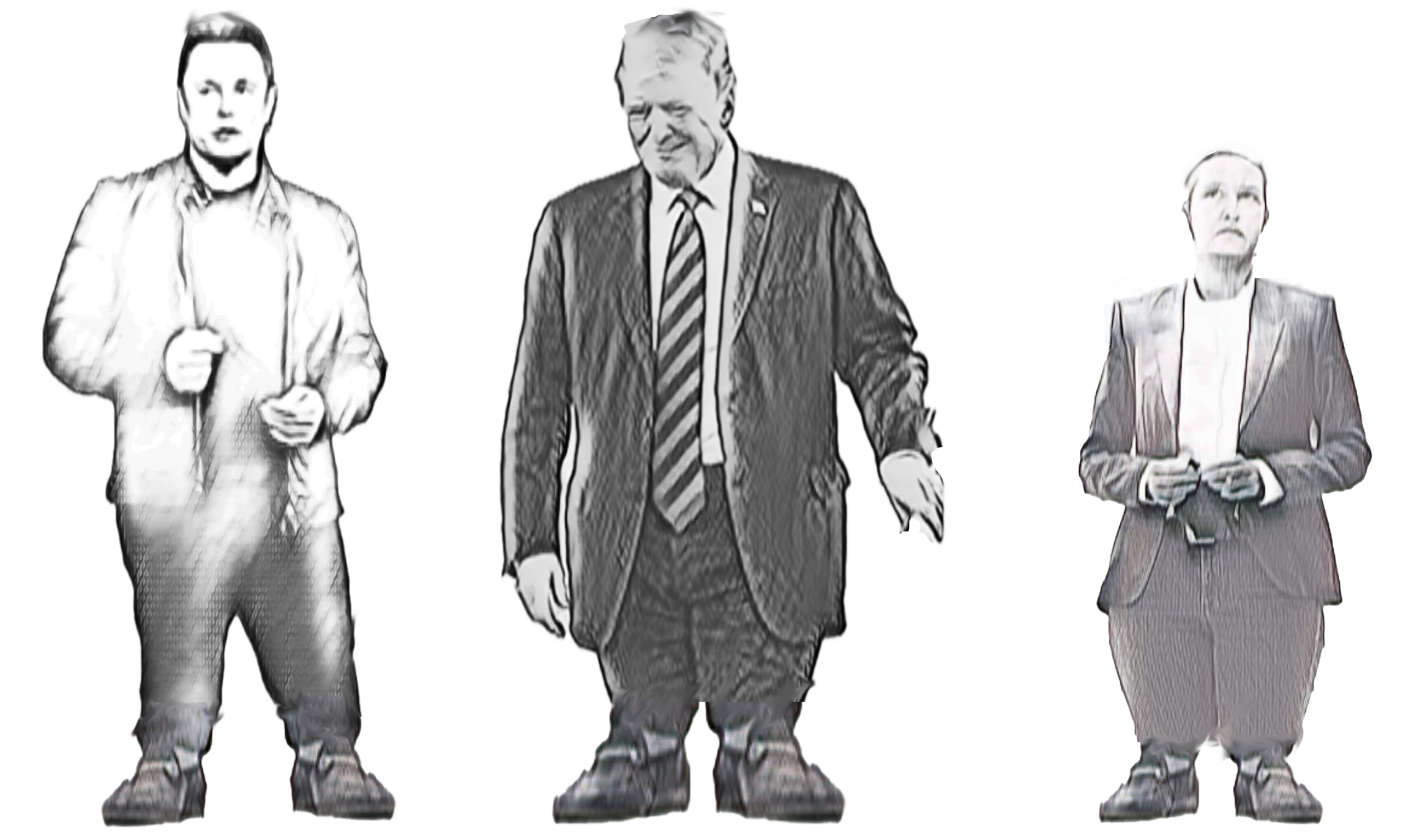 Elon Musk, Donald Trump und Alice Weidel mit kurzen Beinen